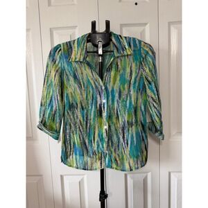 Gloria Lance Petite PS Blue Green Abstract Brushstroke 3/4 Sleeve Button Blouse